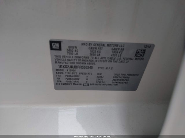1GKS2JKJXFR550345 GMC l86 - vvt, afm, e85 max, aluminum