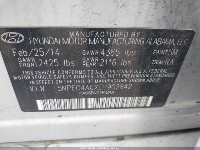 5NPEC4ACXEH902842 Hyundai SONATA SE