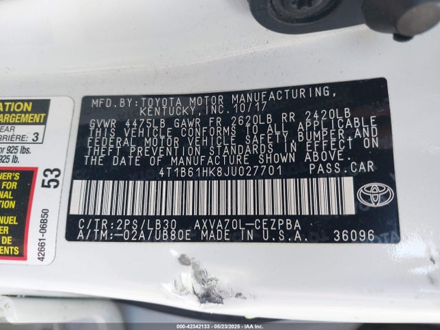4T1B61HK8JU027701 Toyota a25a-fks