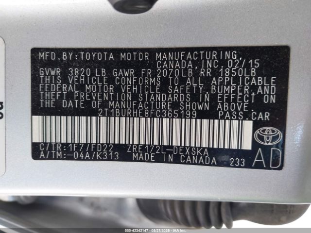 2T1BURHE8FC365199 Toyota Corolla S