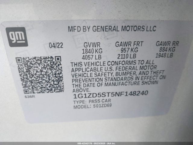 1G1ZD5ST5NF148240 Chevrolet Malibu Fwd Lt