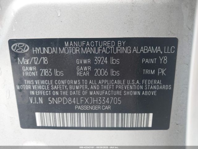 5NPD84LFXJH334705 Hyundai ELANTRA SEL