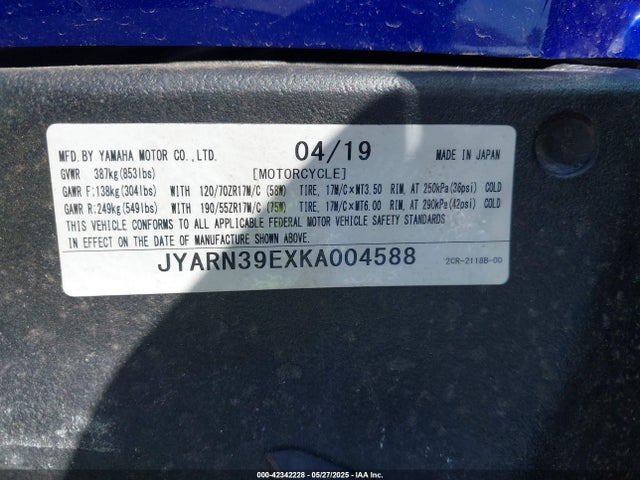 Продажа на аукционе авто 2019 Yamaha Yzfr1, vin: JYARN39EXKA004588, номер лота: 42342228