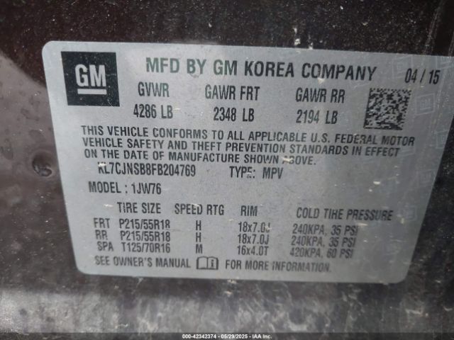 KL7CJNSB8FB204769 Chevrolet TRAX LTZ