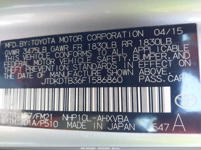 JTDKDTB36F1586860 Toyota Prius C Four/one/three/two