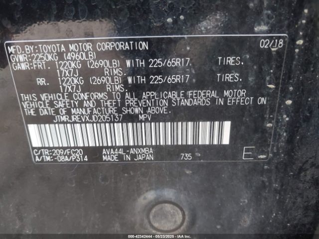 JTMRJREVXJD205137 Toyota Rav4 Hybrid Le