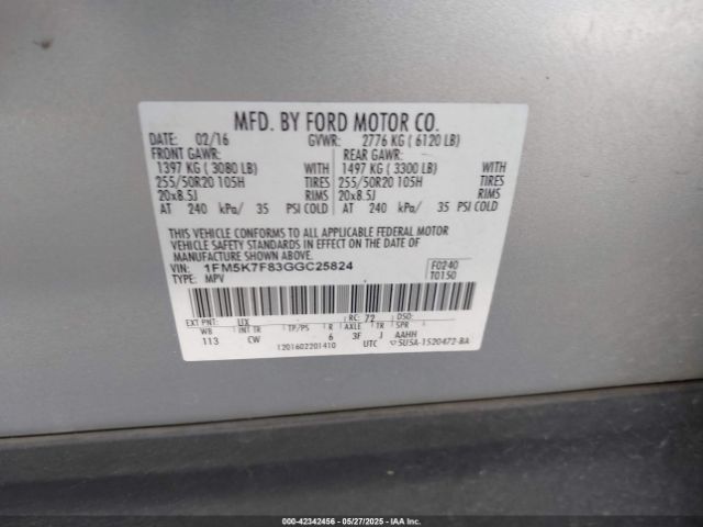 1FM5K7F83GGC25824 Ford Explorer Limited
