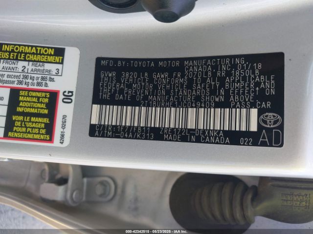 2T1BURHE1JC049409 Toyota COROLLA LE