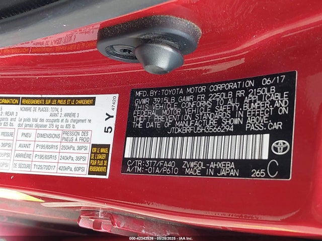 JTDKBRFU5H3566294 Toyota 2zr-fxe,1nm