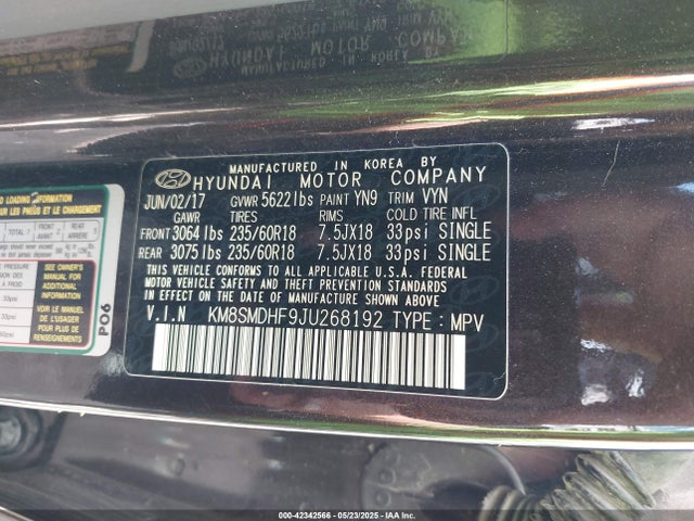 KM8SMDHF9JU268192 Hyundai Santa Fe Se