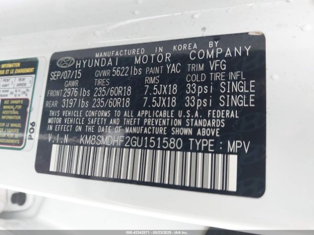 KM8SMDHF2GU151580 Hyundai Santa Fe Se