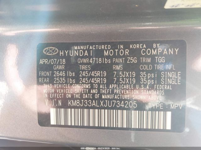 KM8J33ALXJU734205 Hyundai Tucson Sport