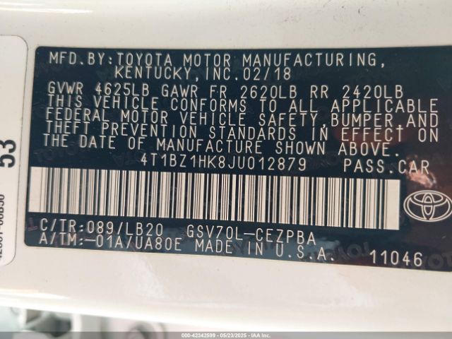 4T1BZ1HK8JU012879 Toyota Camry Xle V6/xse V6