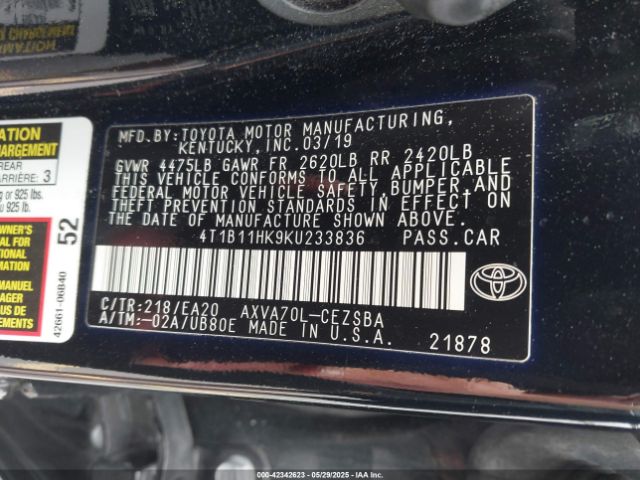 4T1B11HK9KU233836 Toyota Camry L/le/se/xle