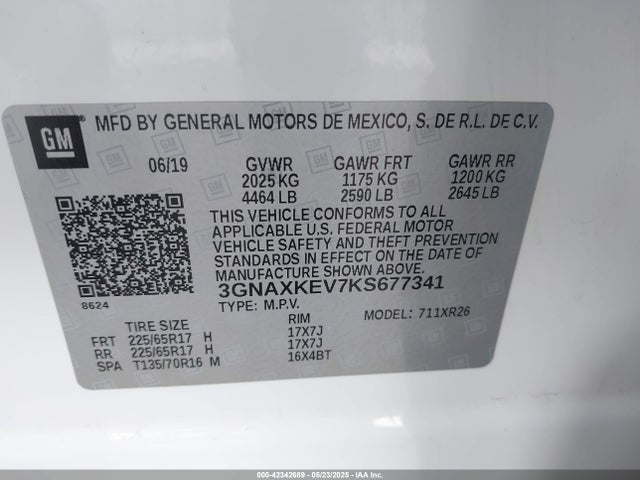 3GNAXKEV7KS677341 Chevrolet lyx - direct injection, vvt, fgt, turbo, alum, gen1