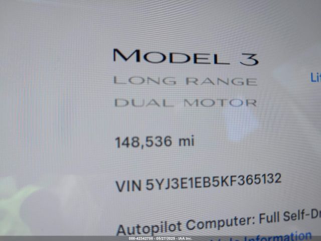 5YJ3E1EB5KF365132 Tesla Model 3 Long Range/performance
