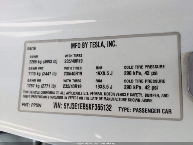 5YJ3E1EB5KF365132 Tesla Model 3 Long Range/performance