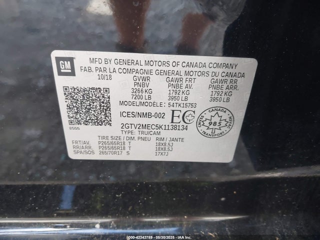 GMC l83 - sidi vvt, afm, e85 max, alum, gm 2019 2GTV2MEC5K1138134 Image 9
