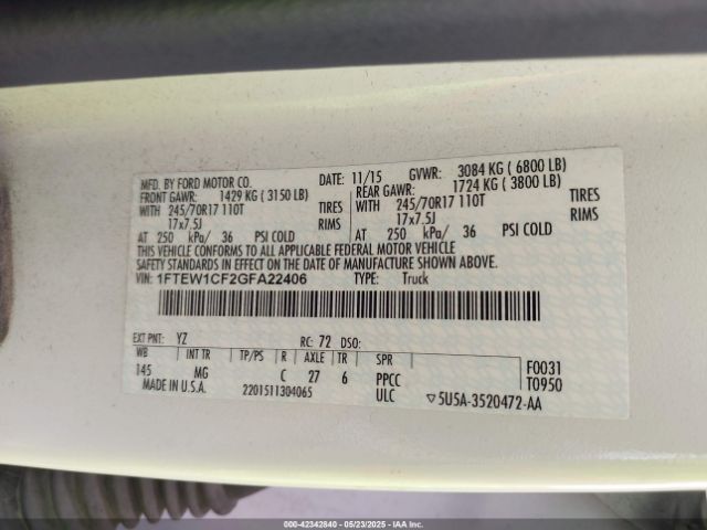 1FTEW1CF2GFA22406 Ford F-150 Xlt