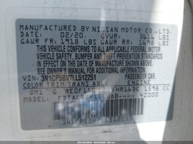 3N1CP5BV7LL512251 Nissan Kicks S Xtronic Cvt