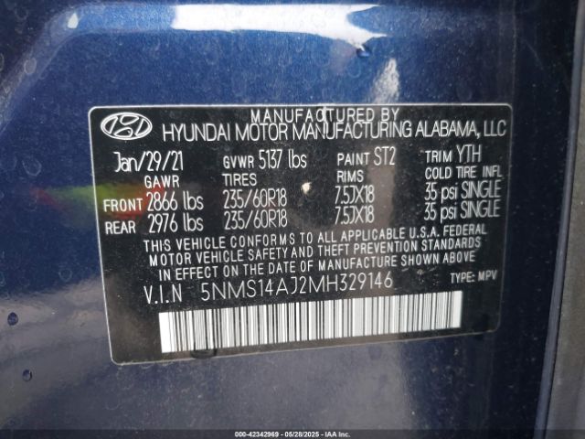 2021 HYUNDAI SANTA FE 5NMS14AJ2MH329146 Photo 8