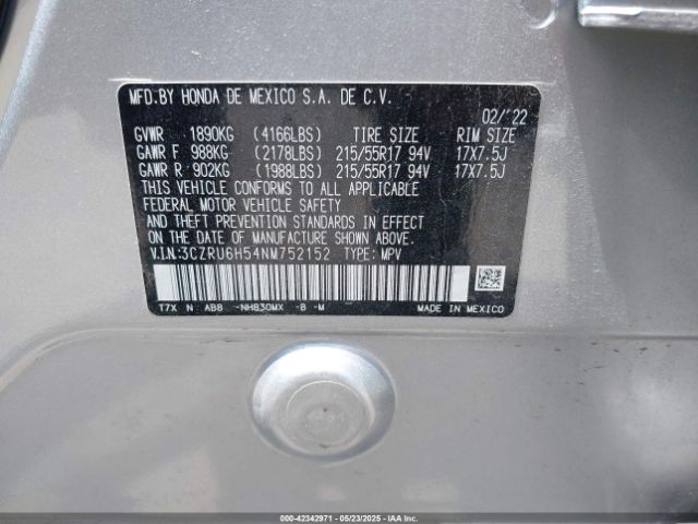 3CZRU6H54NM752152 Honda Hr-v Awd Ex