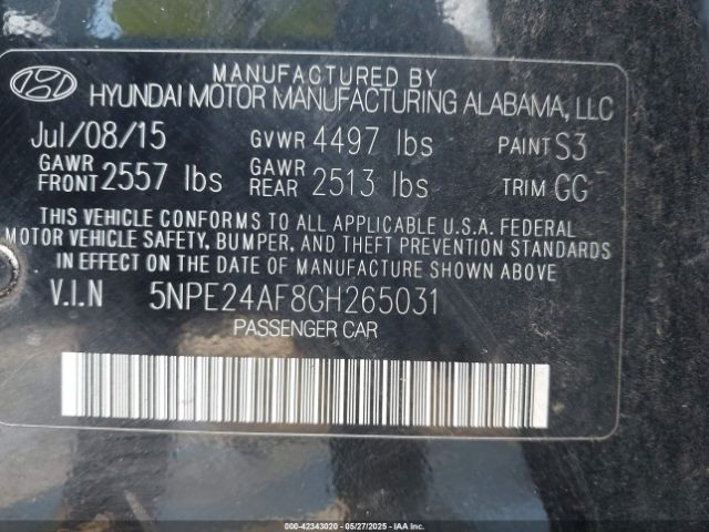 5NPE24AF8GH265031 Hyundai SONATA SE