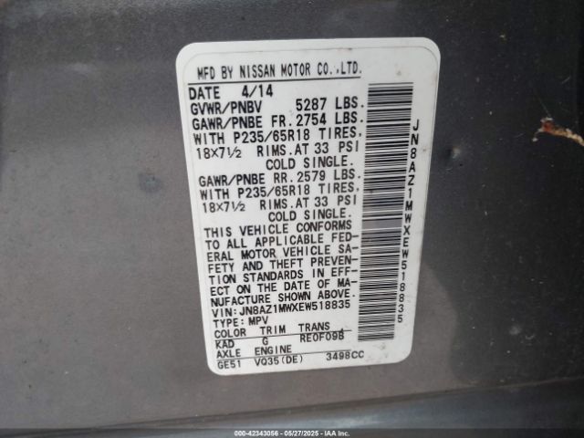 JN8AZ1MWXEW518835 Nissan MURANO S