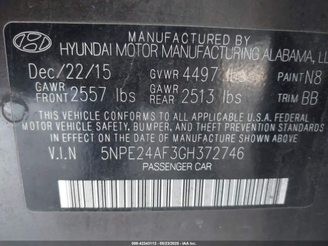 5NPE24AF3GH372746 Hyundai SONATA SE