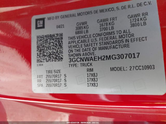 3GCNWAEH2MG307017 Chevrolet Silverado 1500 2wd  Long Bed Wt