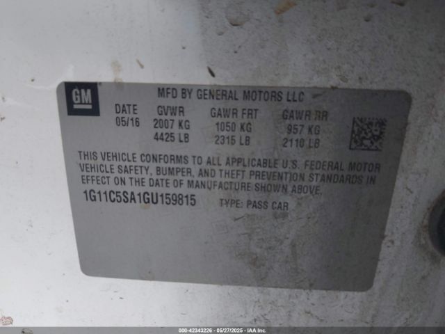 1G11C5SA1GU159815 Chevrolet lcv -sidi, dcvcp, vvt, dcvcp, e85 max, e0-e100, aluminum