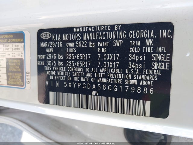 5XYPGDA56GG179886 KIA dohc gdi lambda ii