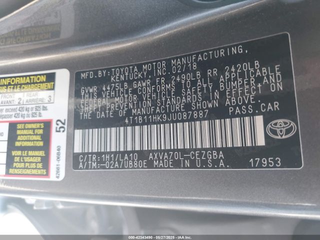 4T1B11HK9JU087887 Toyota CAMRY XLE