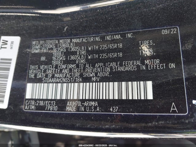 5TDAARAH2NS517184 Toyota a25a-fxs, 5nm
