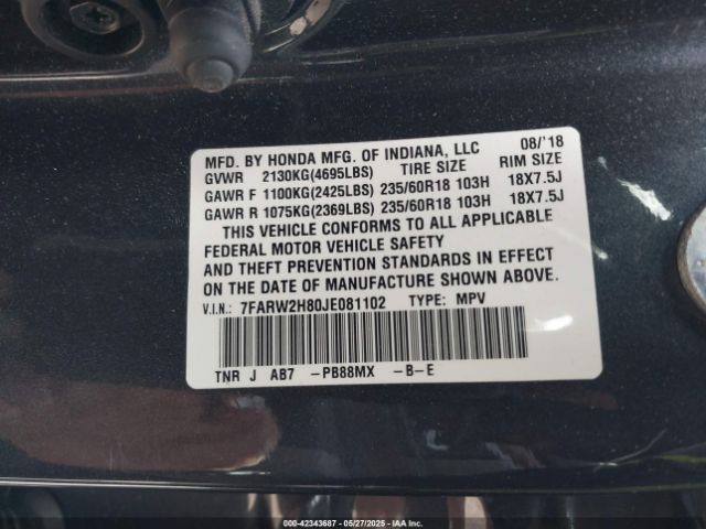 7FARW2H80JE081102 Honda Cr-v Ex-l/ex-l Navi