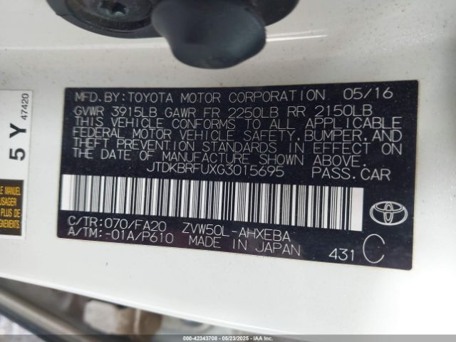 JTDKBRFUXG3015695 Toyota Prius Two
