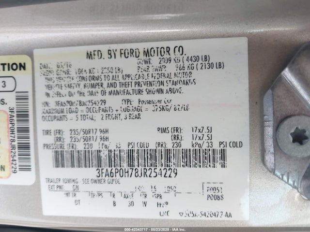 3FA6P0H78JR254229 Ford FUSION SE
