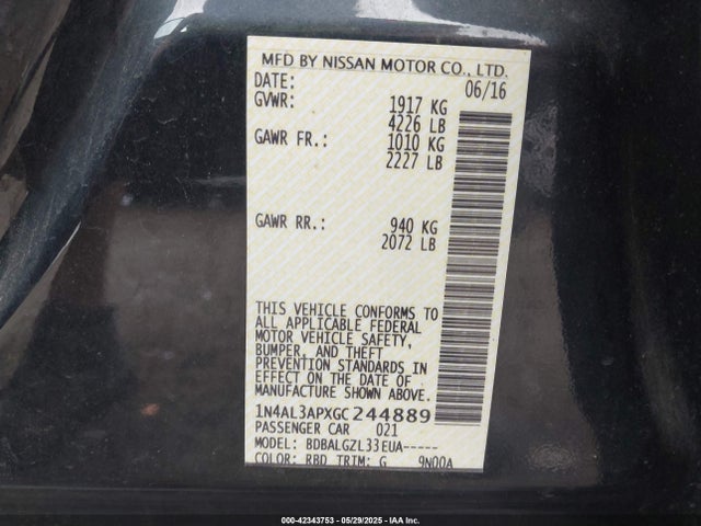 1N4AL3APXGC244889 Nissan Altima 2.5/2.5 S/2.5 Sl/2.5 Sr/2.5 Sv