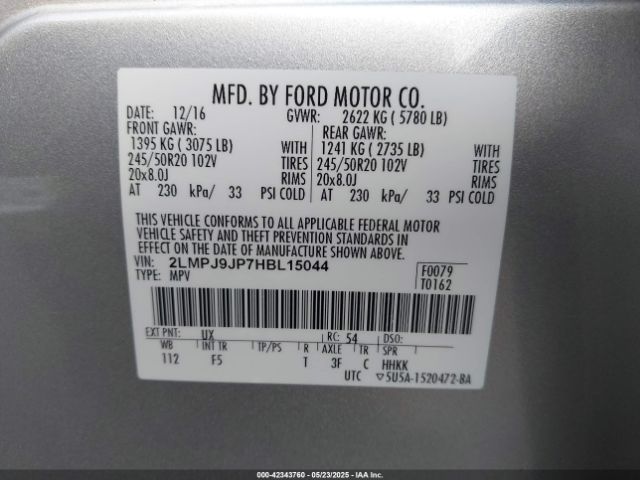 2LMPJ9JP7HBL15044 Lincoln 2.7l gtdi
