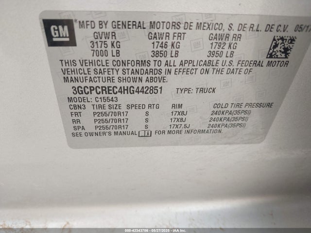 3GCPCREC4HG442851 Chevrolet Silverado 1500 1lt