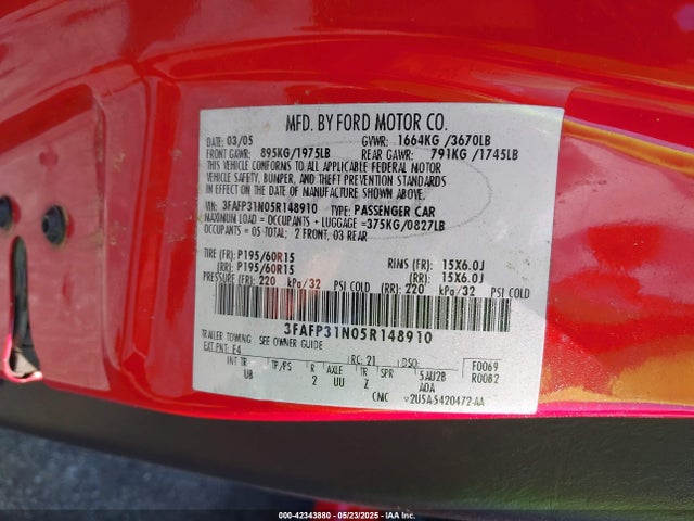 Продаж на аукціоні авто 2005 Ford Focus Zx3, vin: 3FAFP31N05R148910, номер лоту: 42343880