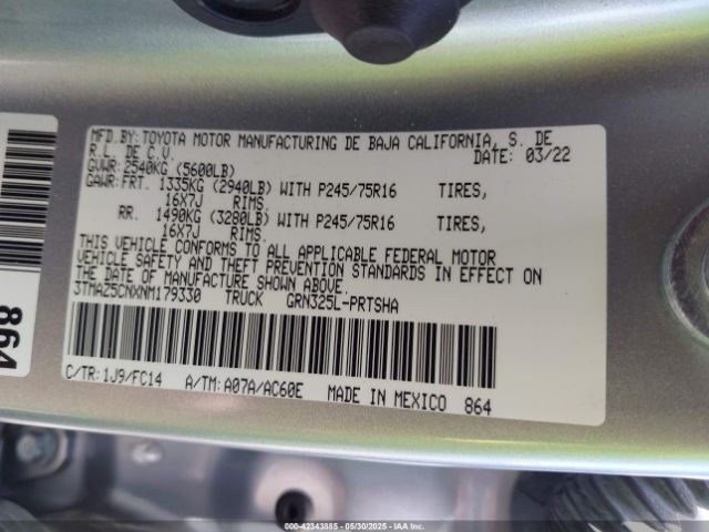 3TMAZ5CNXNM179330 Toyota Tacoma Sr5 V6