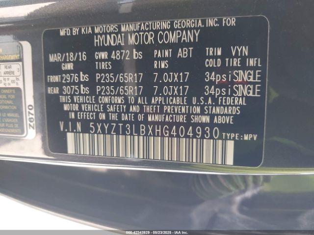 5XYZT3LBXHG404930 Hyundai gdi theta ii