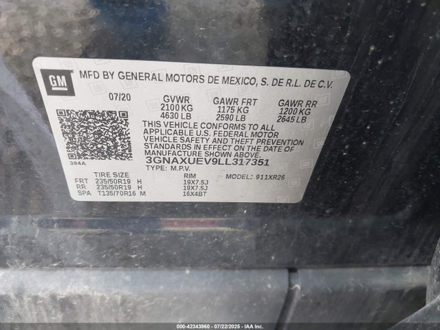 3GNAXUEV9LL317351 Chevrolet lyx - direct injection, vvt, fgt, turbo, alum, gen1