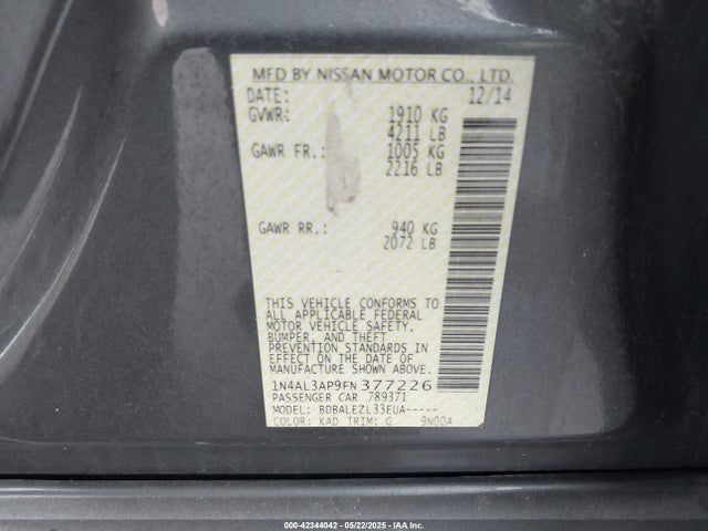 1N4AL3AP9FN377226 Nissan Altima 2.5/2.5 S/2.5 Sl/2.5 Sv