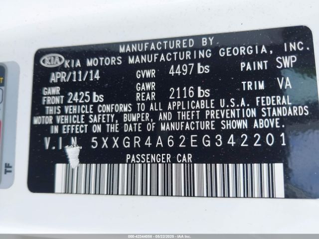 5XXGR4A62EG342201 KIA Optima Sxl Turbo