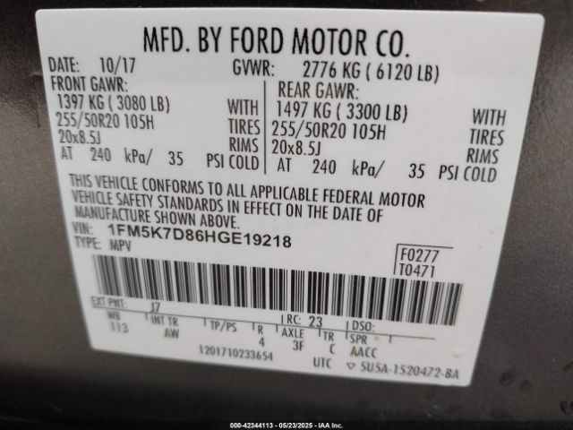 1FM5K7D86HGE19218 Ford EXPLORER XLT