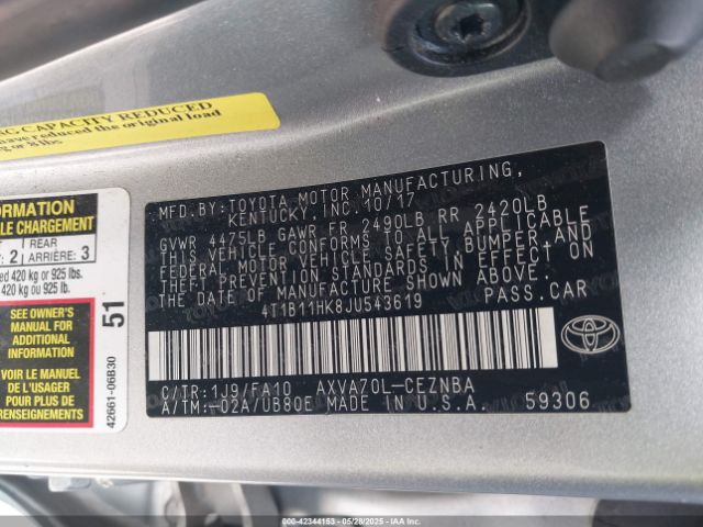 4T1B11HK8JU543619 Toyota CAMRY LE