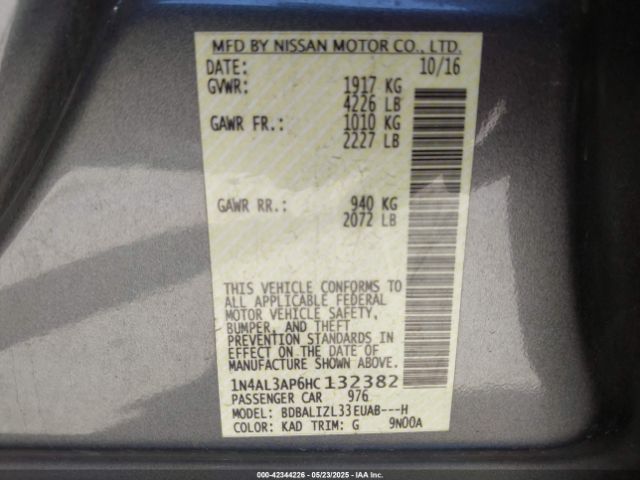 1N4AL3AP6HC132382 Nissan Altima 2.5 Sv
