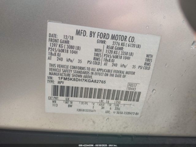 2019 FORD EXPLORER 1FM5K8DH7KGA82765 Photo 8